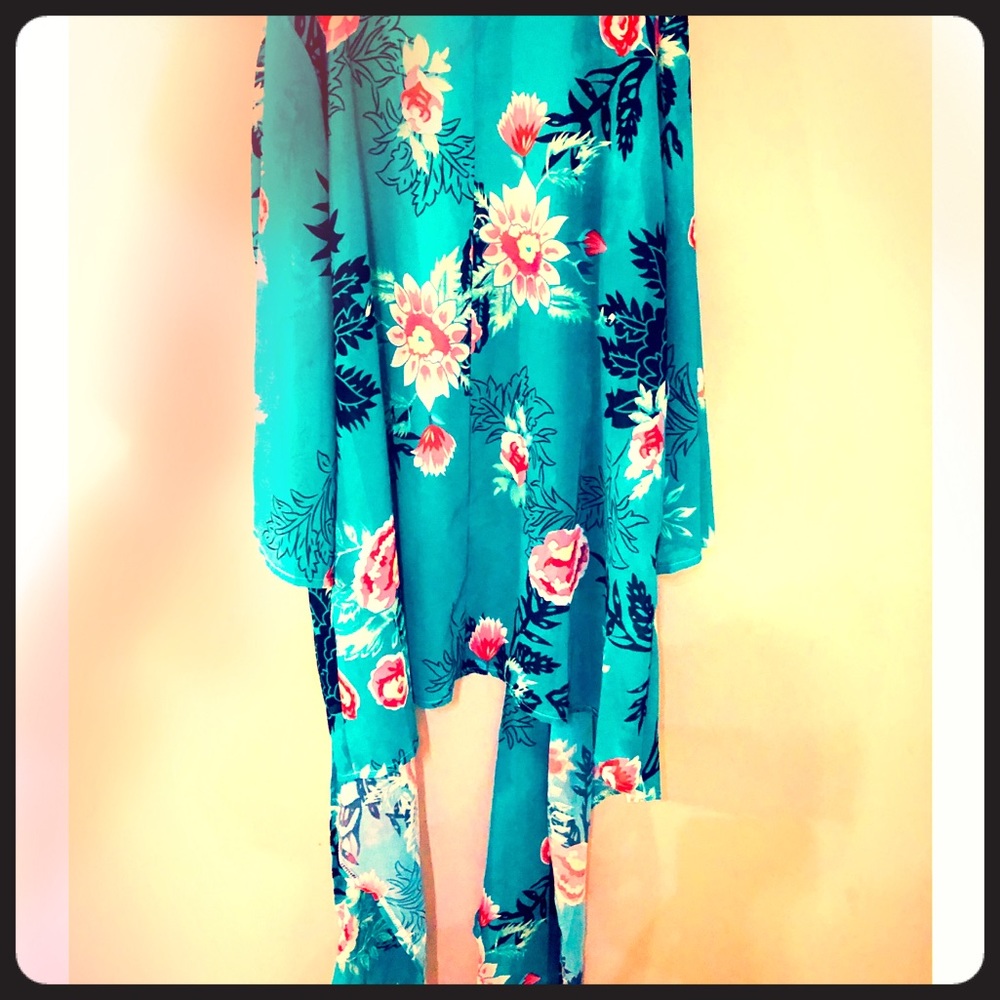 Blue floral sheer long loose kimono